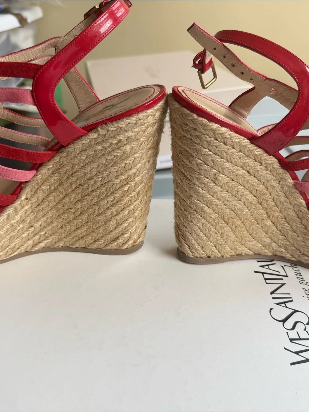 Yves Saint Laurent Pink and Red Wedge Espadrille Sandals
